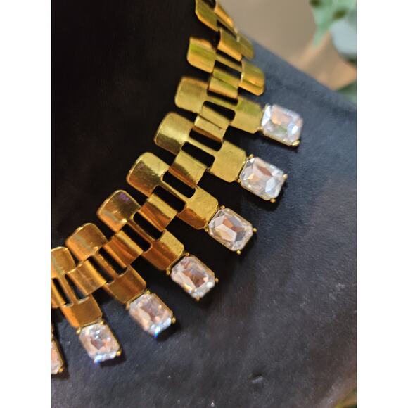 Women's Gold Tone Statement Necklace With Clear Rectangular Crystals By Qian Kuo - Picture 4 of 8